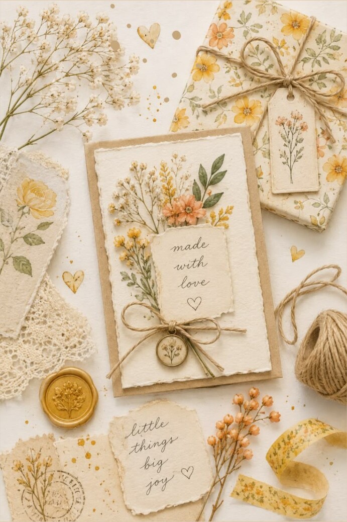 Soft floral handmade card and gift wrapping