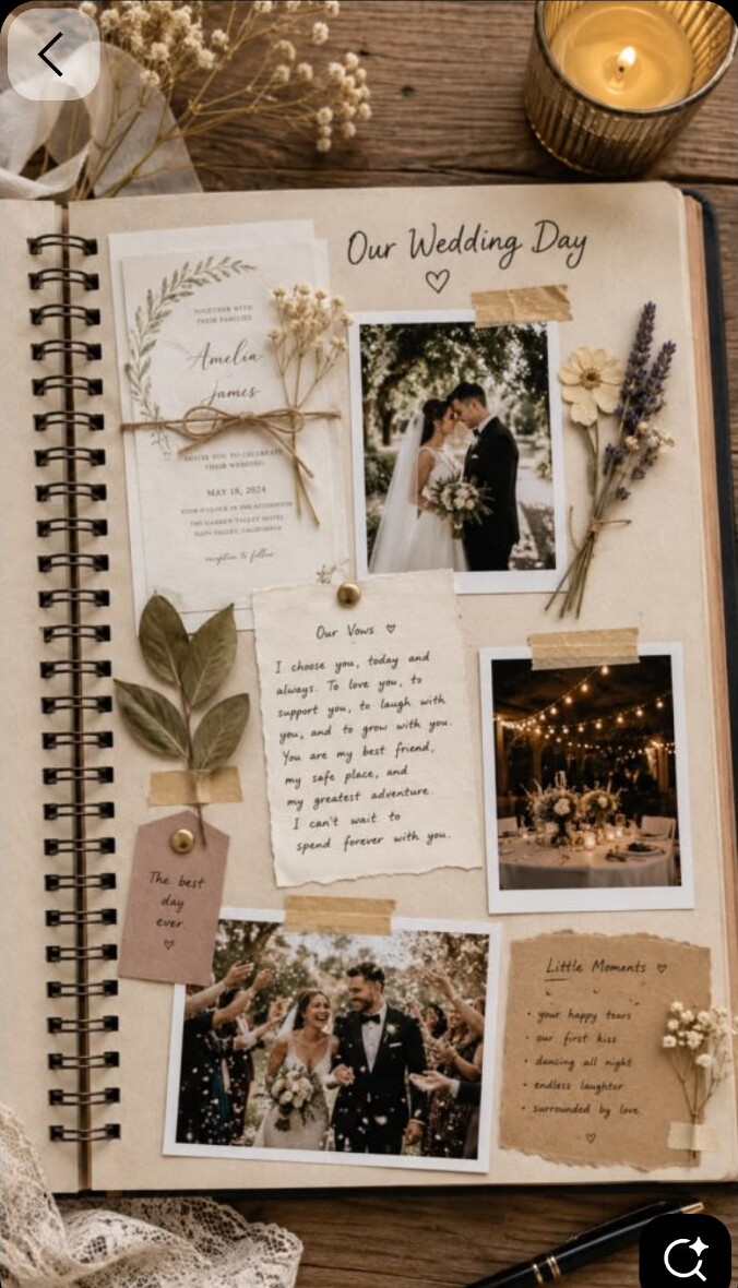 Wedding scrapbook page with photographs, flowers and handwritten memories